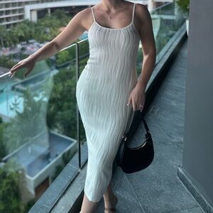 Cream/White Ribbed Midi Dress with Spaghetti Straps